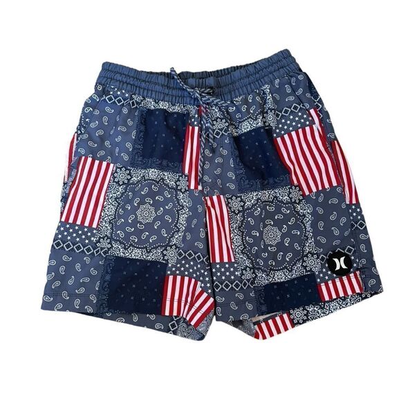 Hurley ~ Men's Medium Red White Blue Paisley Flag 7" Lined Shorts ~ Size Medium